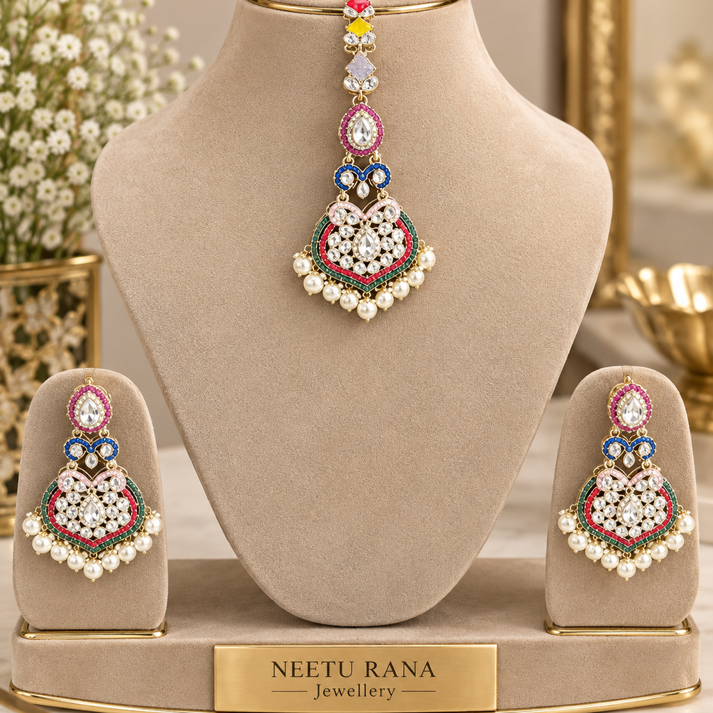 Multicolor Kundan Earrings and Maang Teeka Set ✨