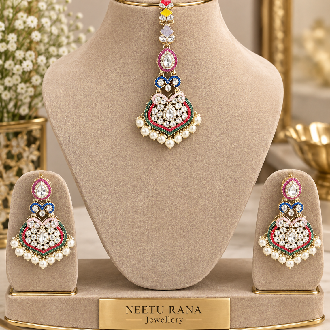 Multicolor Kundan Earrings and Maang Teeka Set ✨
