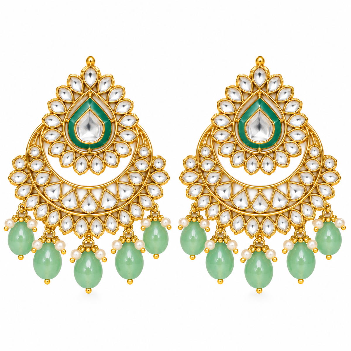 Elegant Green Kundan Chandelier Earrings