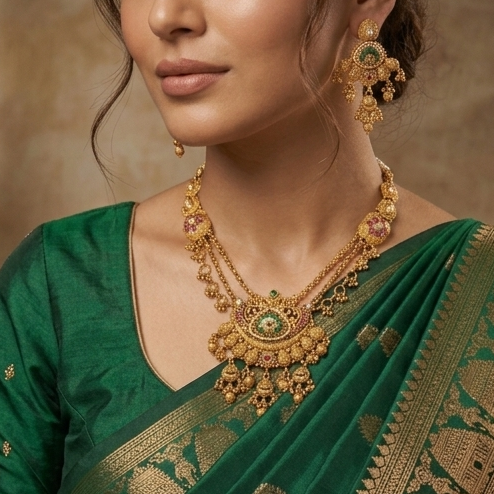 Royal Antique Chandbali Necklace Set with Green & Ruby Accents