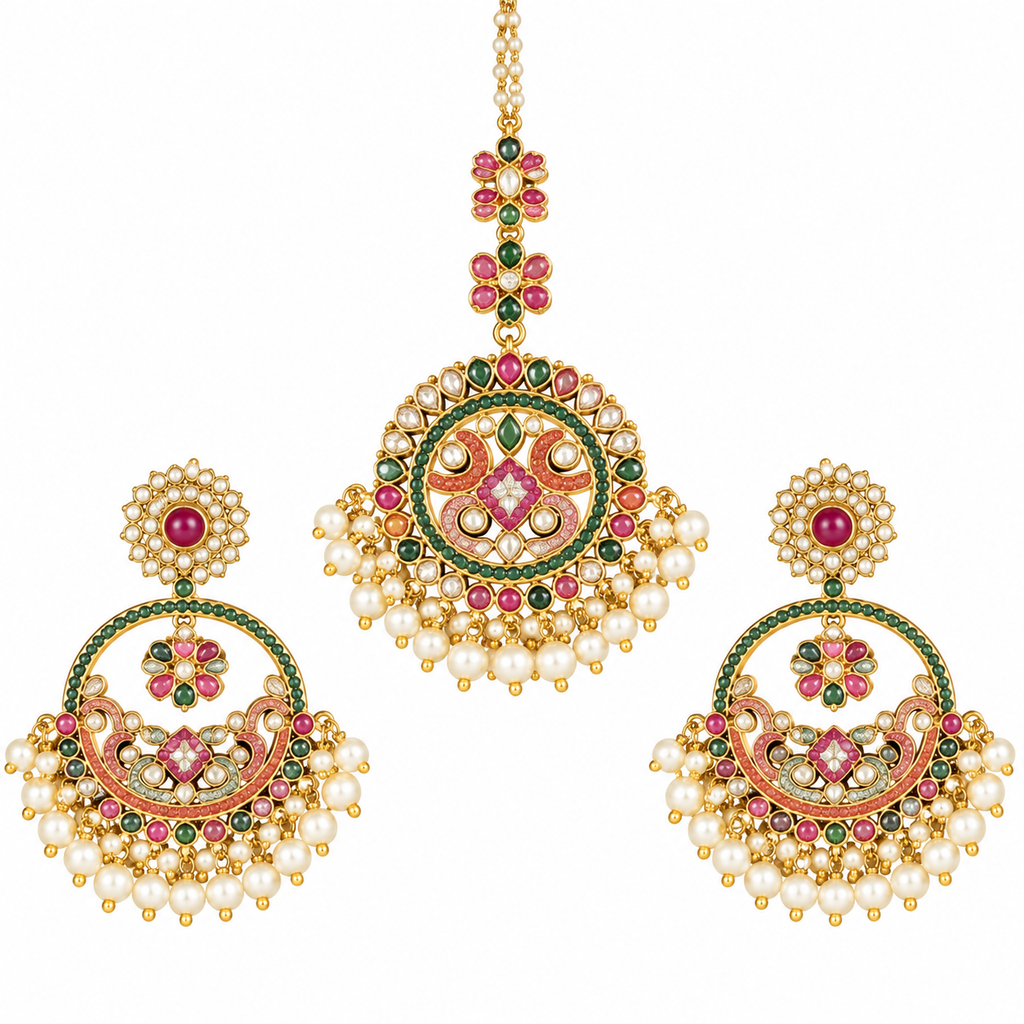 Exquisite royal heritage Kundan and Polki Earrings and maang teeka