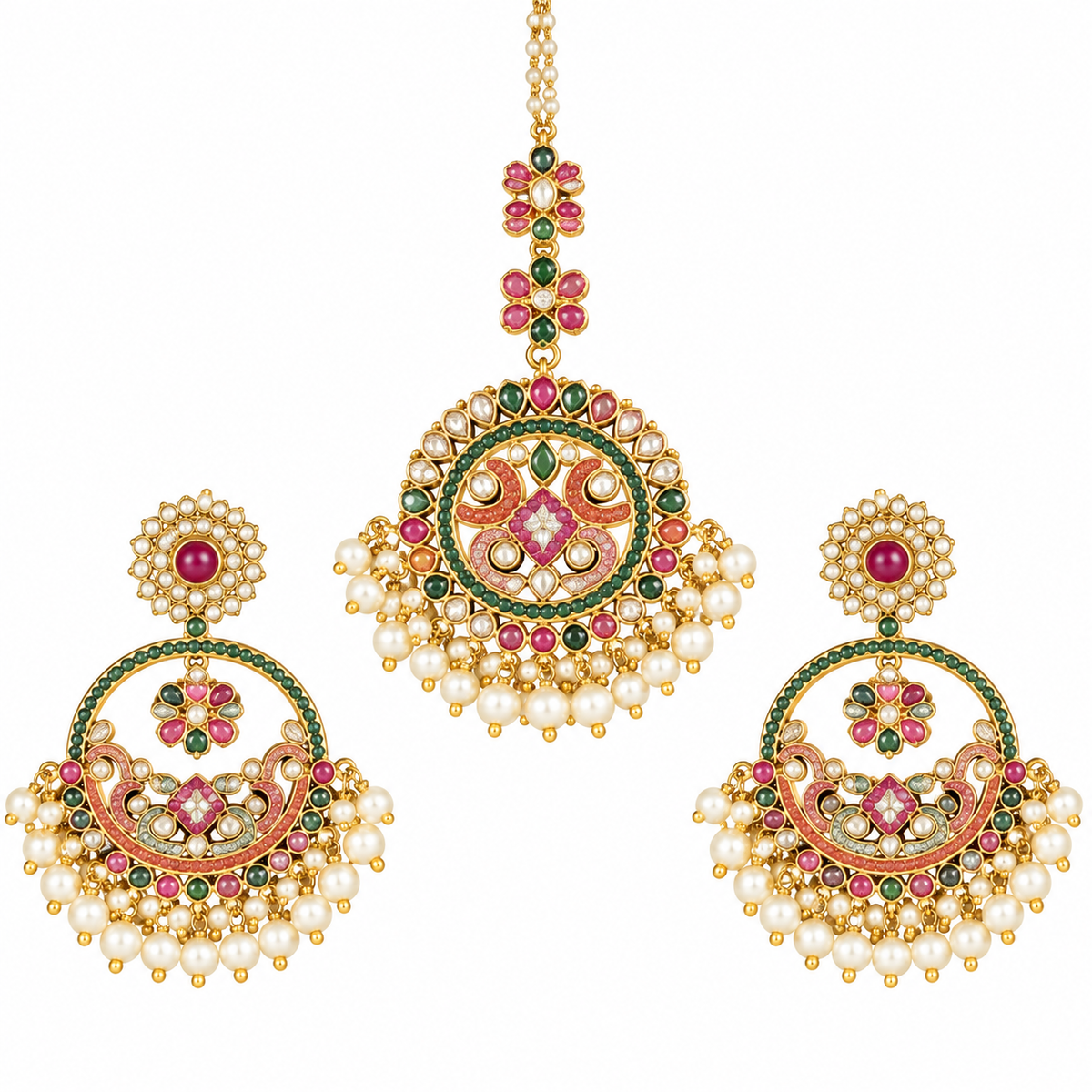 Exquisite royal heritage Kundan and Polki Earrings and maang teeka