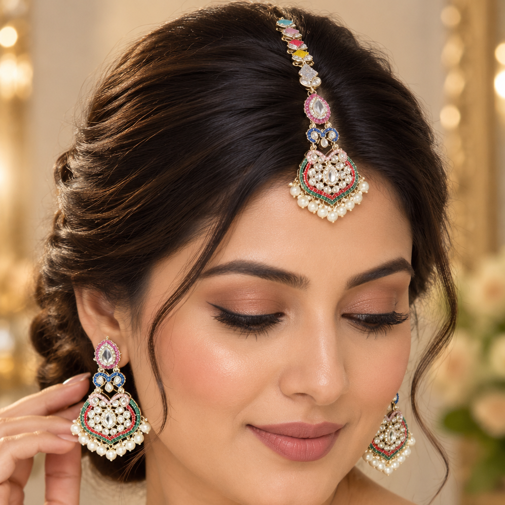 Multicolor Kundan Earrings and Maang Teeka Set ✨