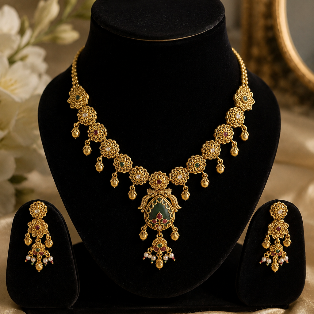 Floral Antique Gold Necklace Set with Multicolor Stones