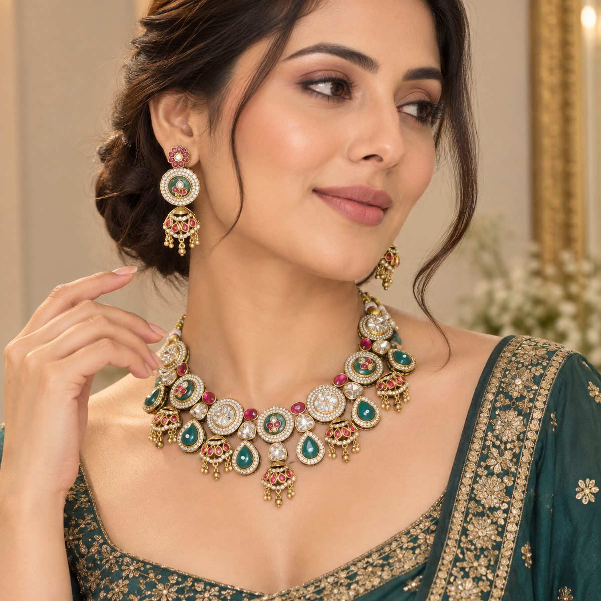 ✨ Royal Kundan Emerald & Ruby Necklace Set
