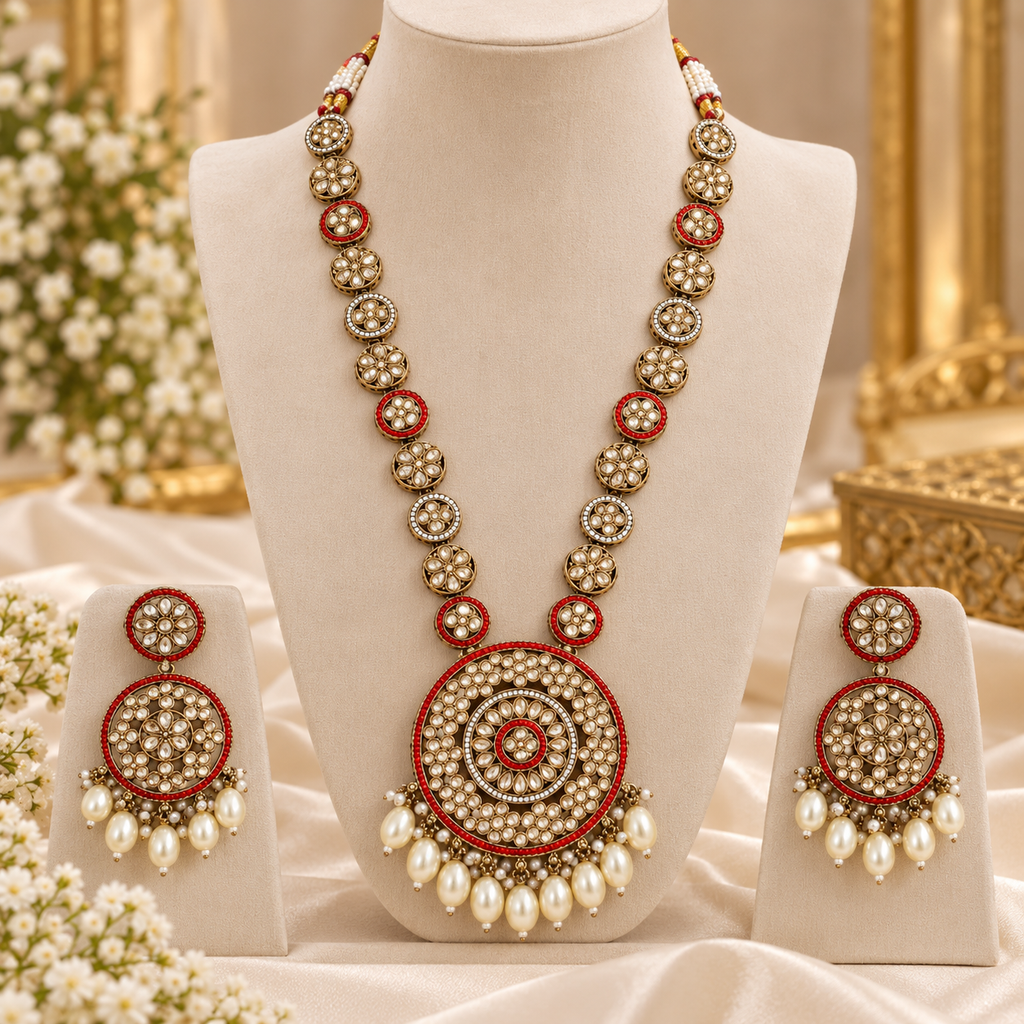 Elegant Traditional Kundan coral red Necklace Set