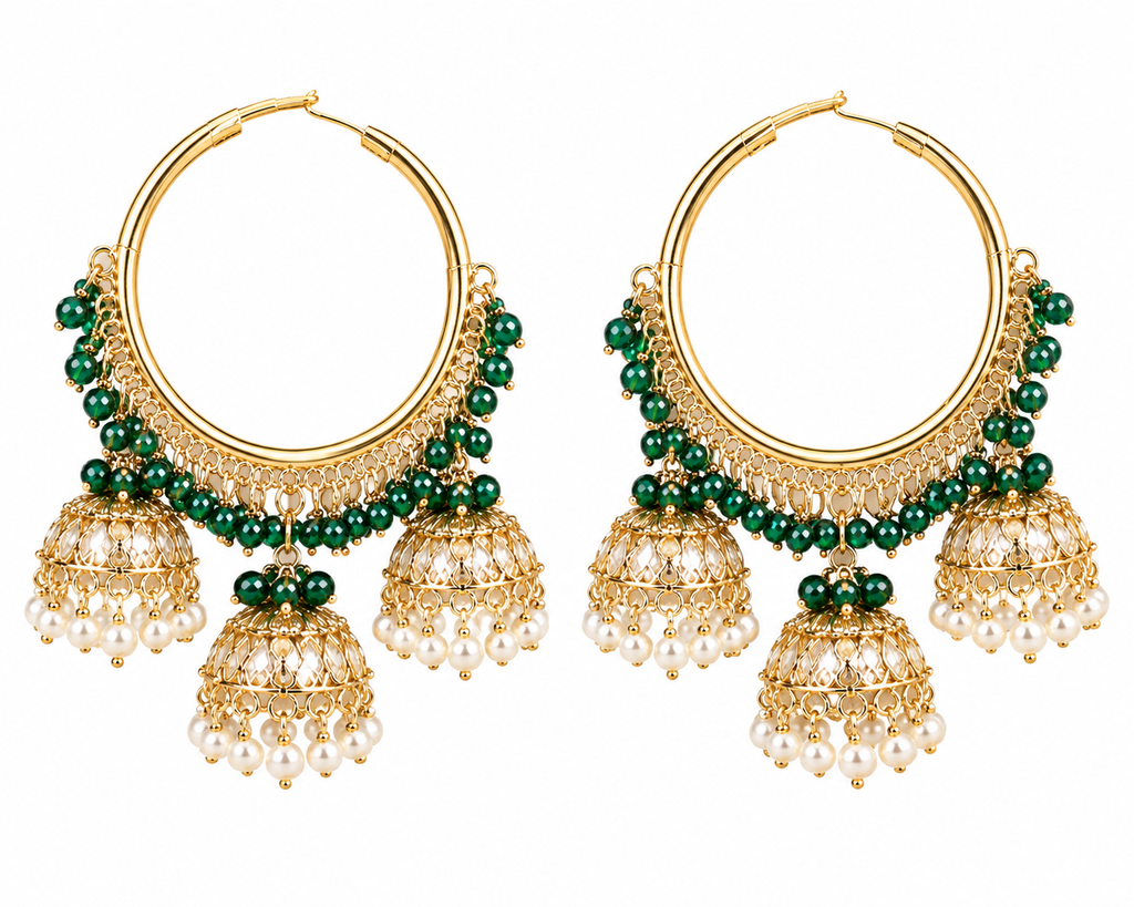 Elegant Green Beaded Jhumka Hoops ✨