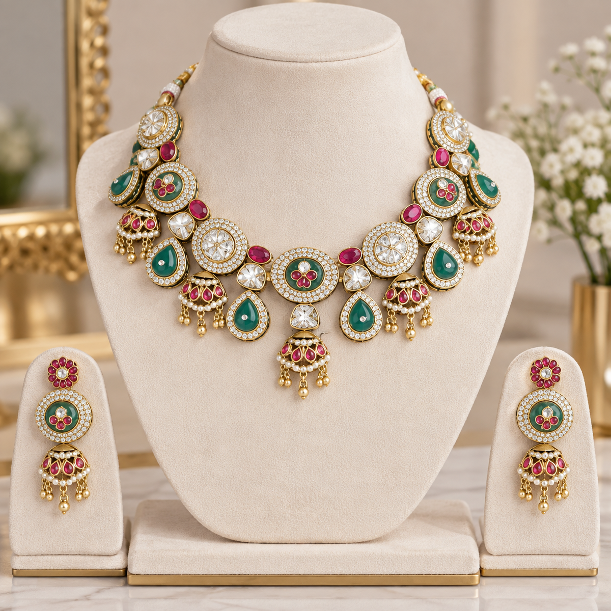 ✨ Royal Kundan Emerald & Ruby Necklace Set