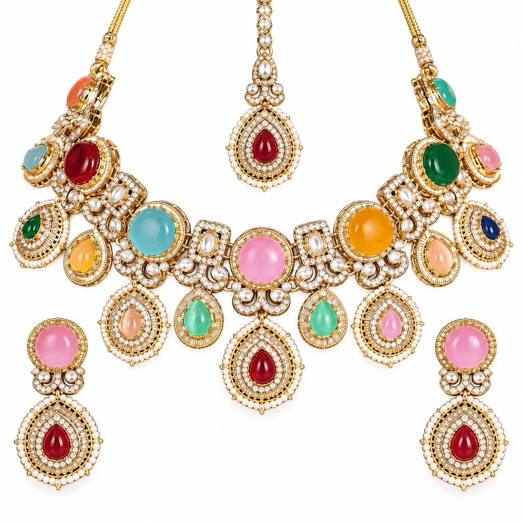 Multicolor Kundan Bridal Necklace Set with Maang Tikka