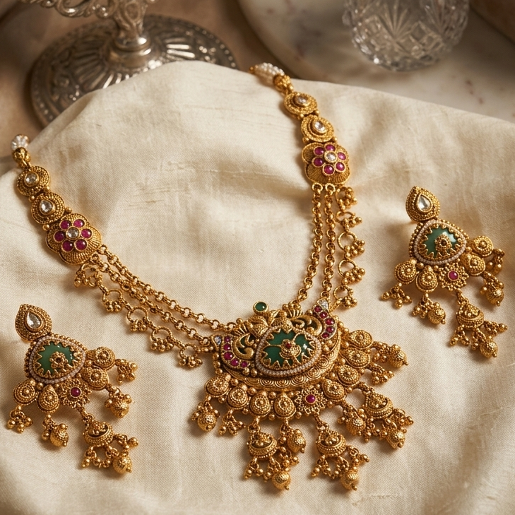 Royal Antique Chandbali Necklace Set with Green & Ruby Accents
