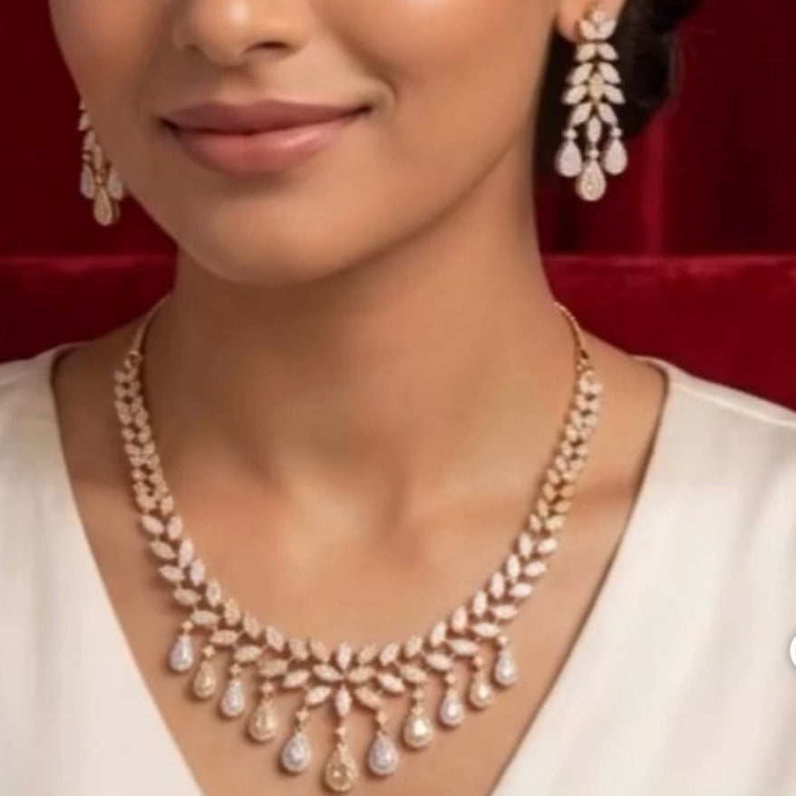 Leaf Motif CZ necklace set with teardrop dangles