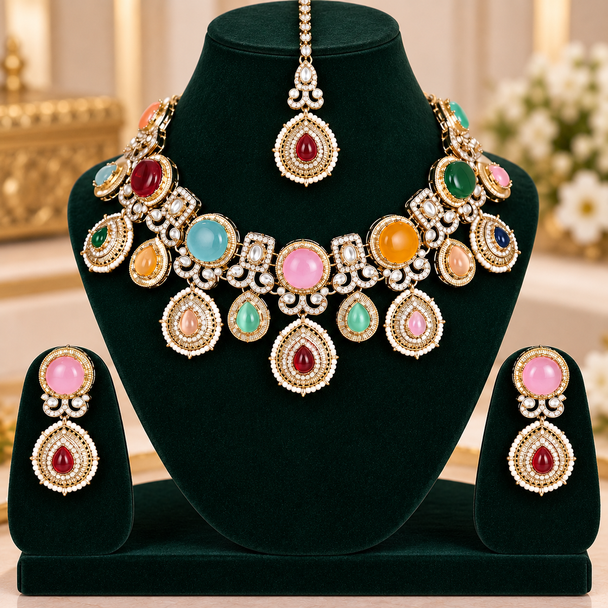 Multicolor Kundan Bridal Necklace Set with Maang Tikka
