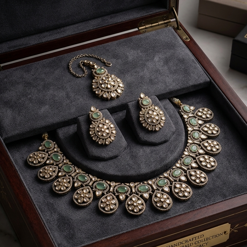 Emerald Kundan Antique Necklace Set with Earrings & Maang Tikka
