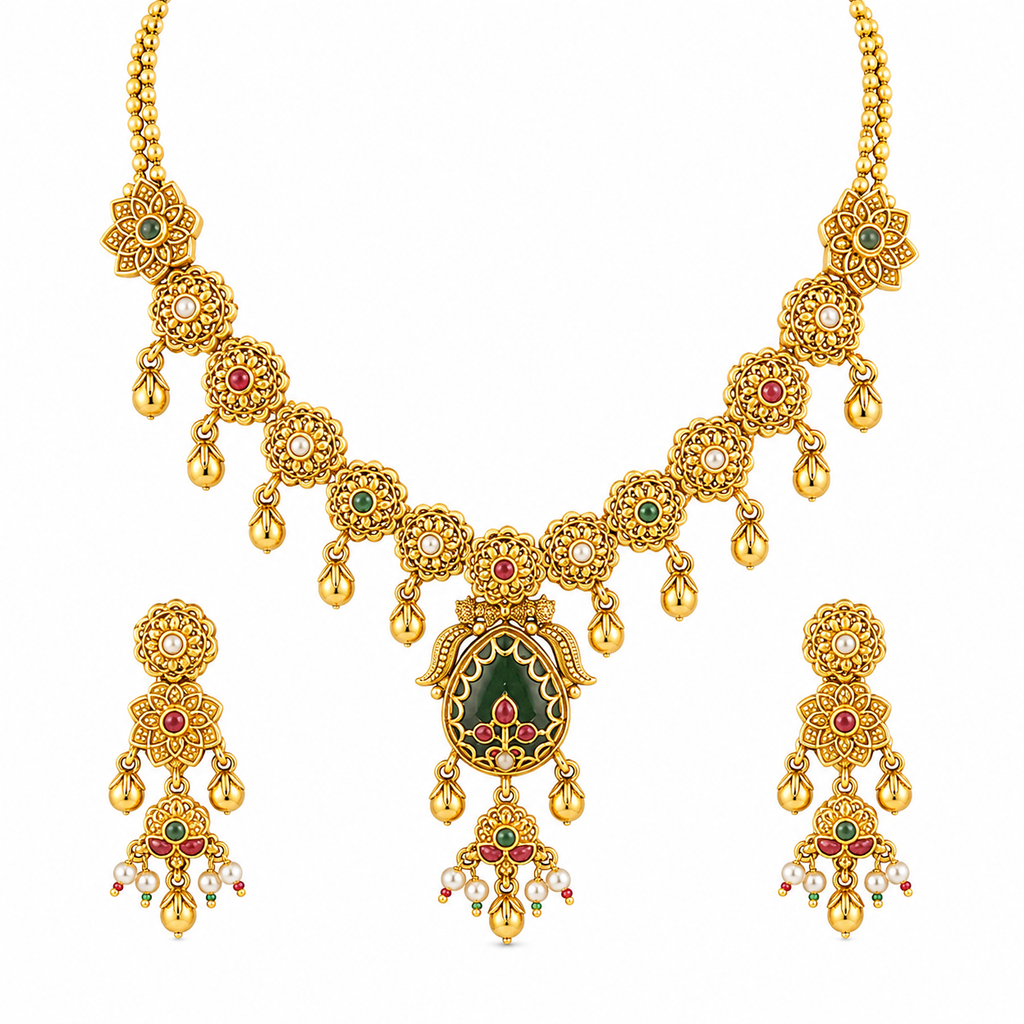 Floral Antique Gold Necklace Set with Multicolor Stones