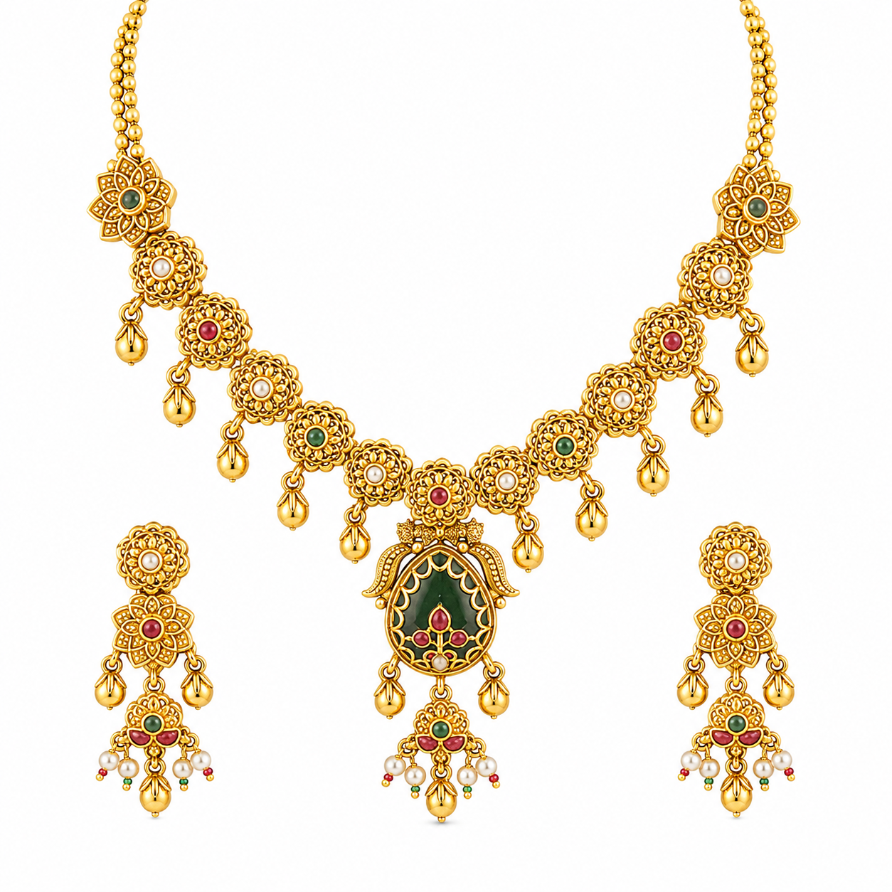 Floral Antique Gold Necklace Set with Multicolor Stones