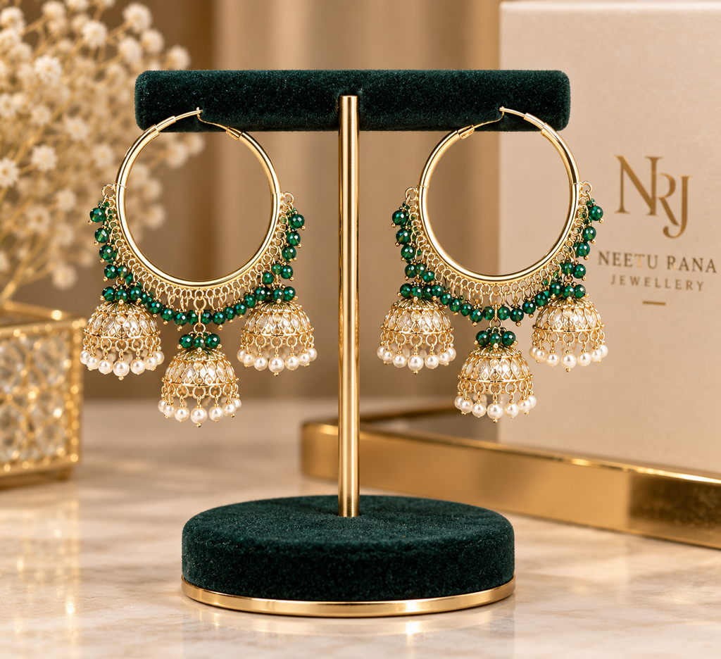 Elegant Green Beaded Jhumka Hoops ✨