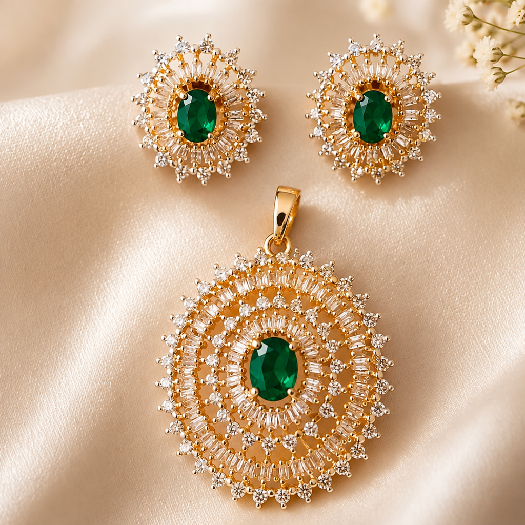 Emerald Round Pendent Set