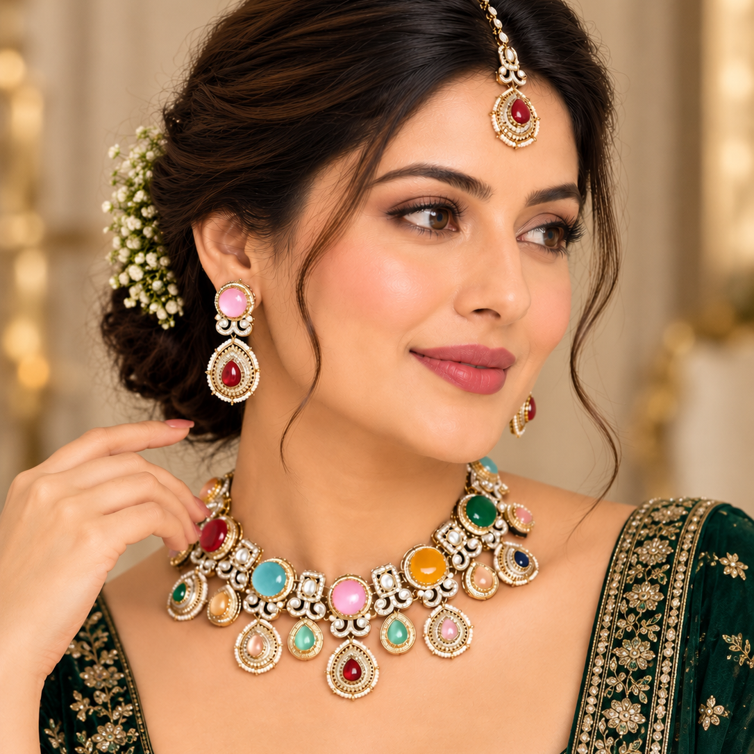Multicolor Kundan Bridal Necklace Set with Maang Tikka