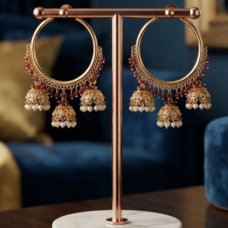 Elegant Red Beaded Jhumka Hoops ✨