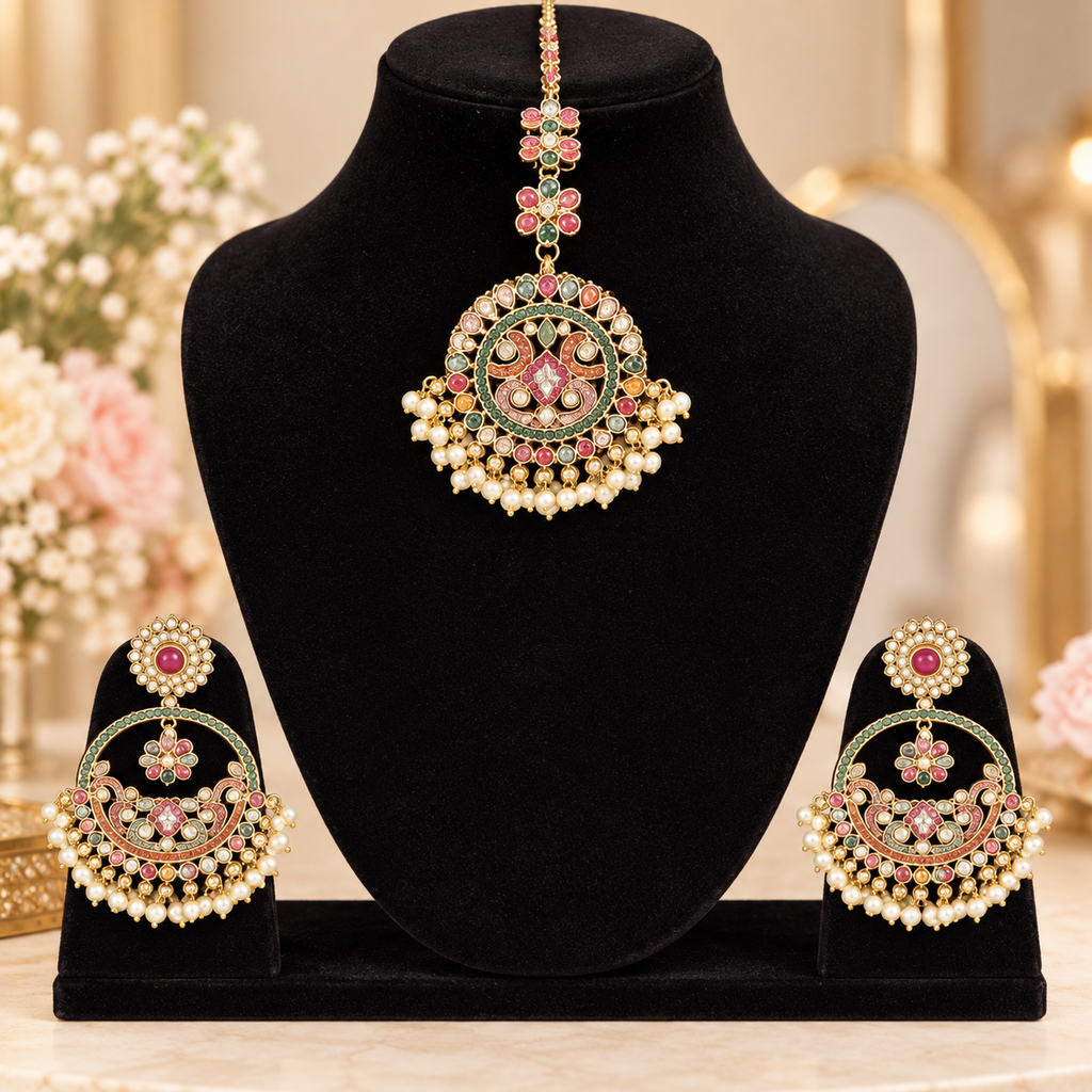 Exquisite royal heritage Kundan and Polki Earrings and maang teeka