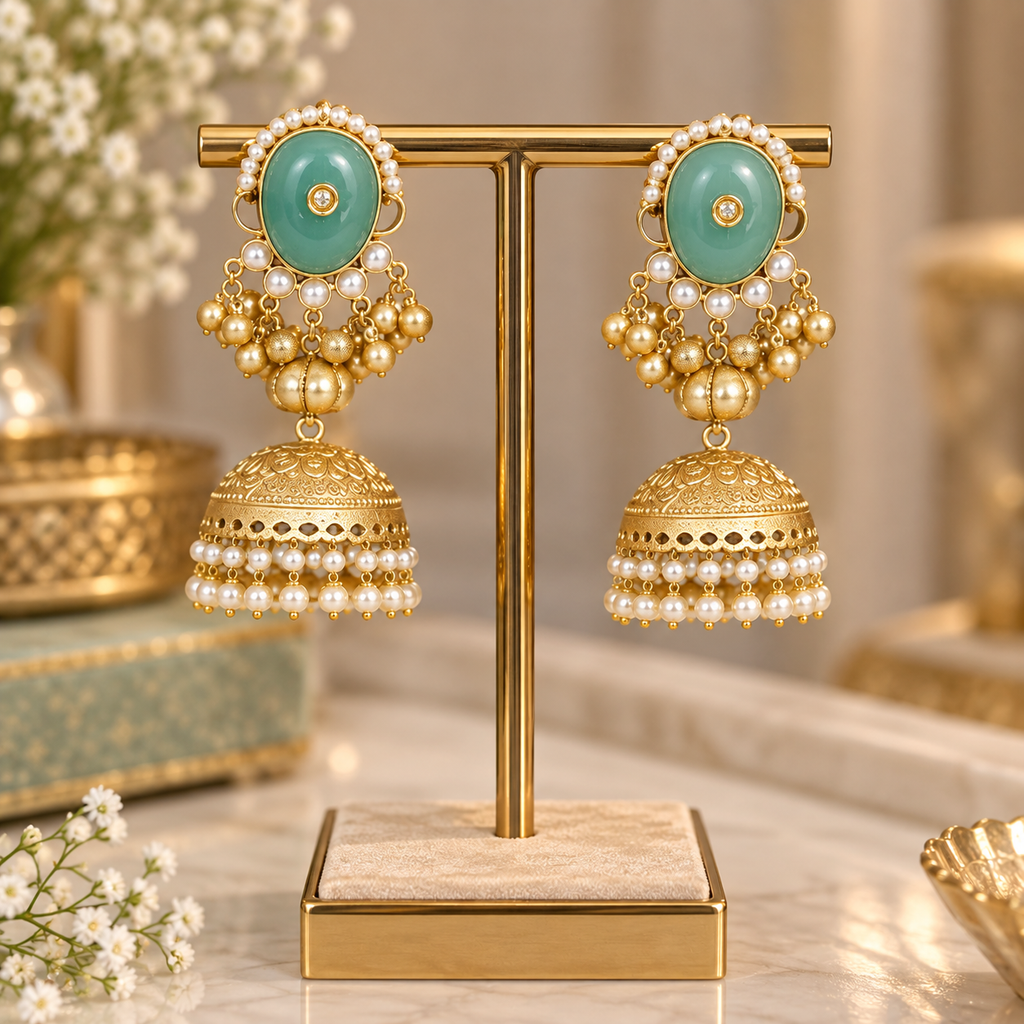 Mint Green Pearl Jhumka Earrings ✨