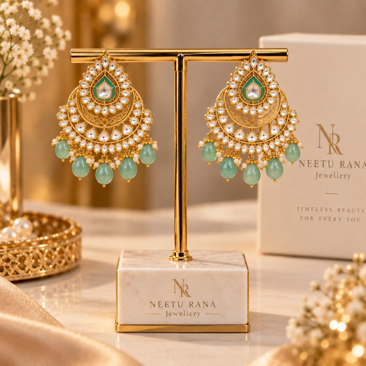 Elegant Green Kundan Chandelier Earrings