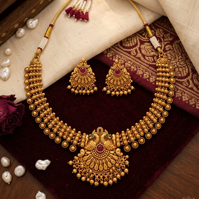 Antique Peacock Temple Necklace Set