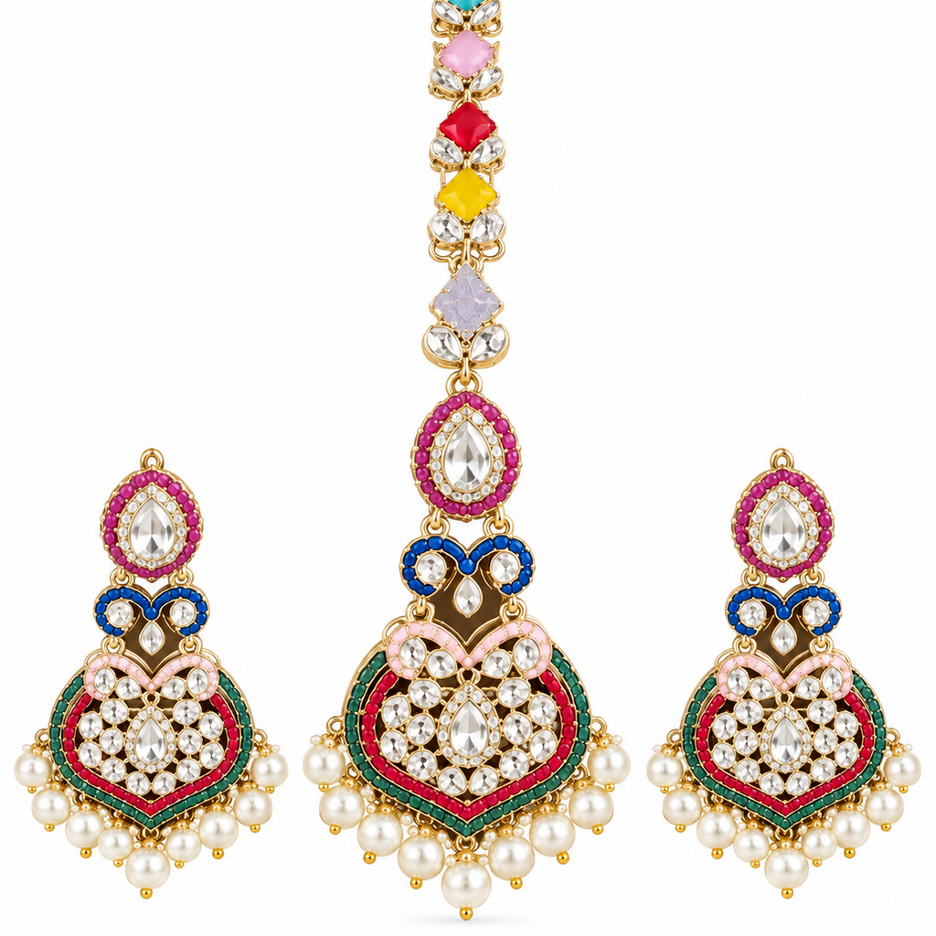 Multicolor Kundan Earrings and Maang Teeka Set ✨