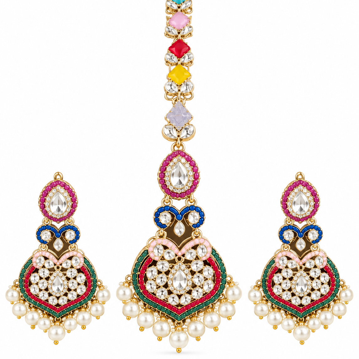 Multicolor Kundan Earrings and Maang Teeka Set ✨