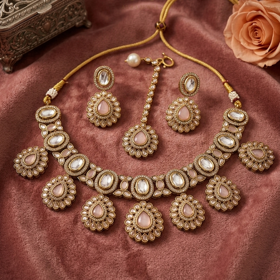 Blush pink Kundan necklace set