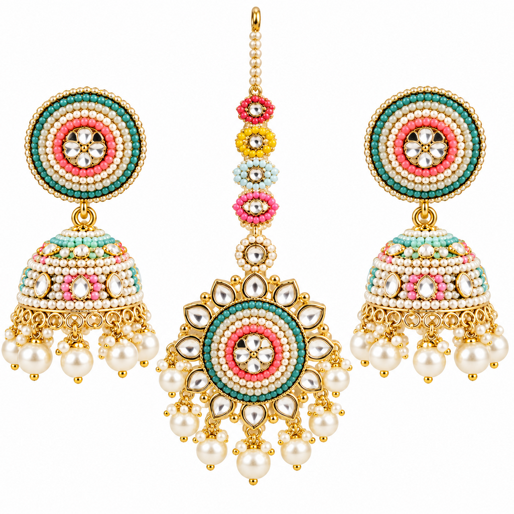 Multicolor Kundan Jhumka & Maang Tikka Set ✨