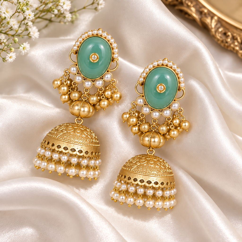 Mint Green Pearl Jhumka Earrings ✨