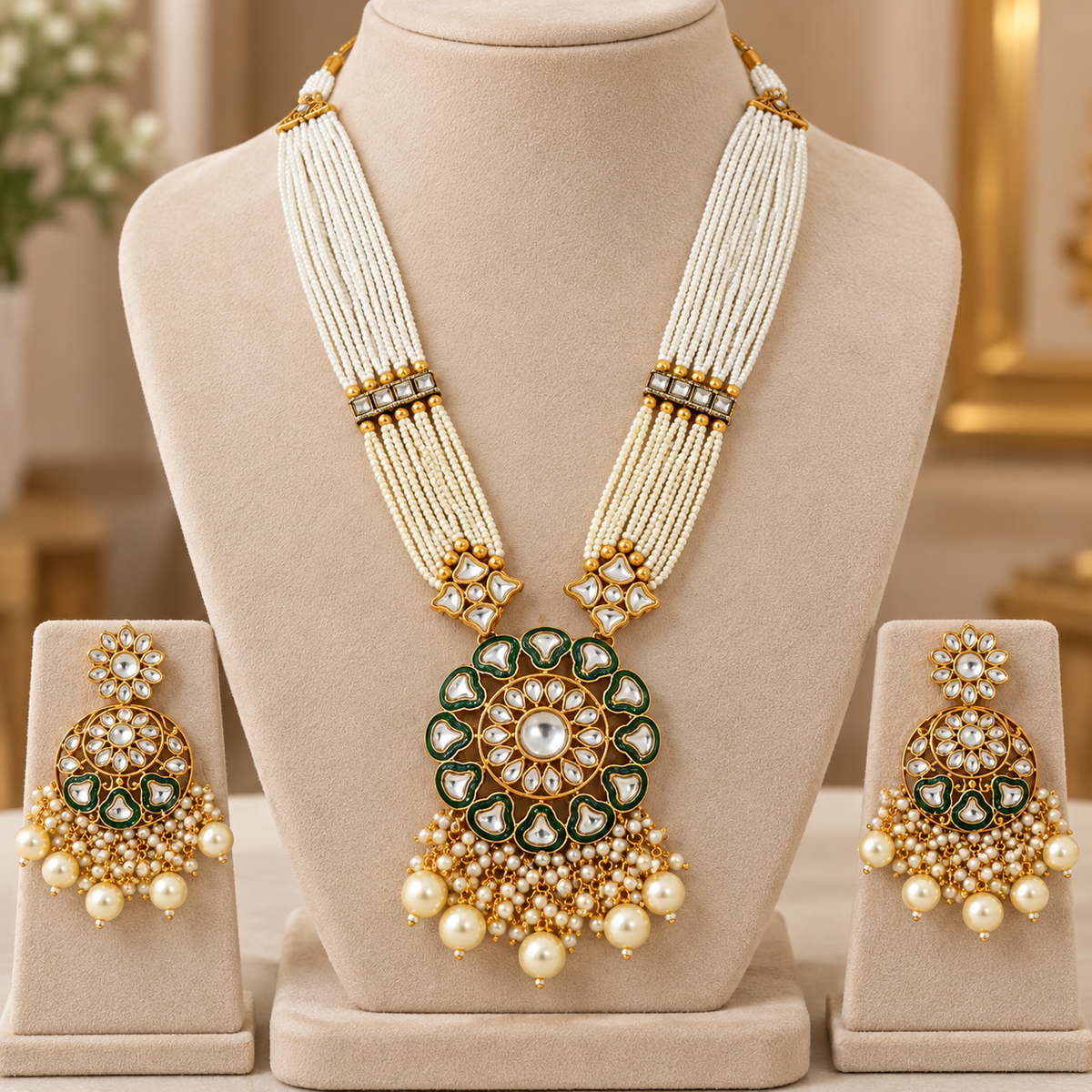 Elegant Kundan Pearl Necklace Set