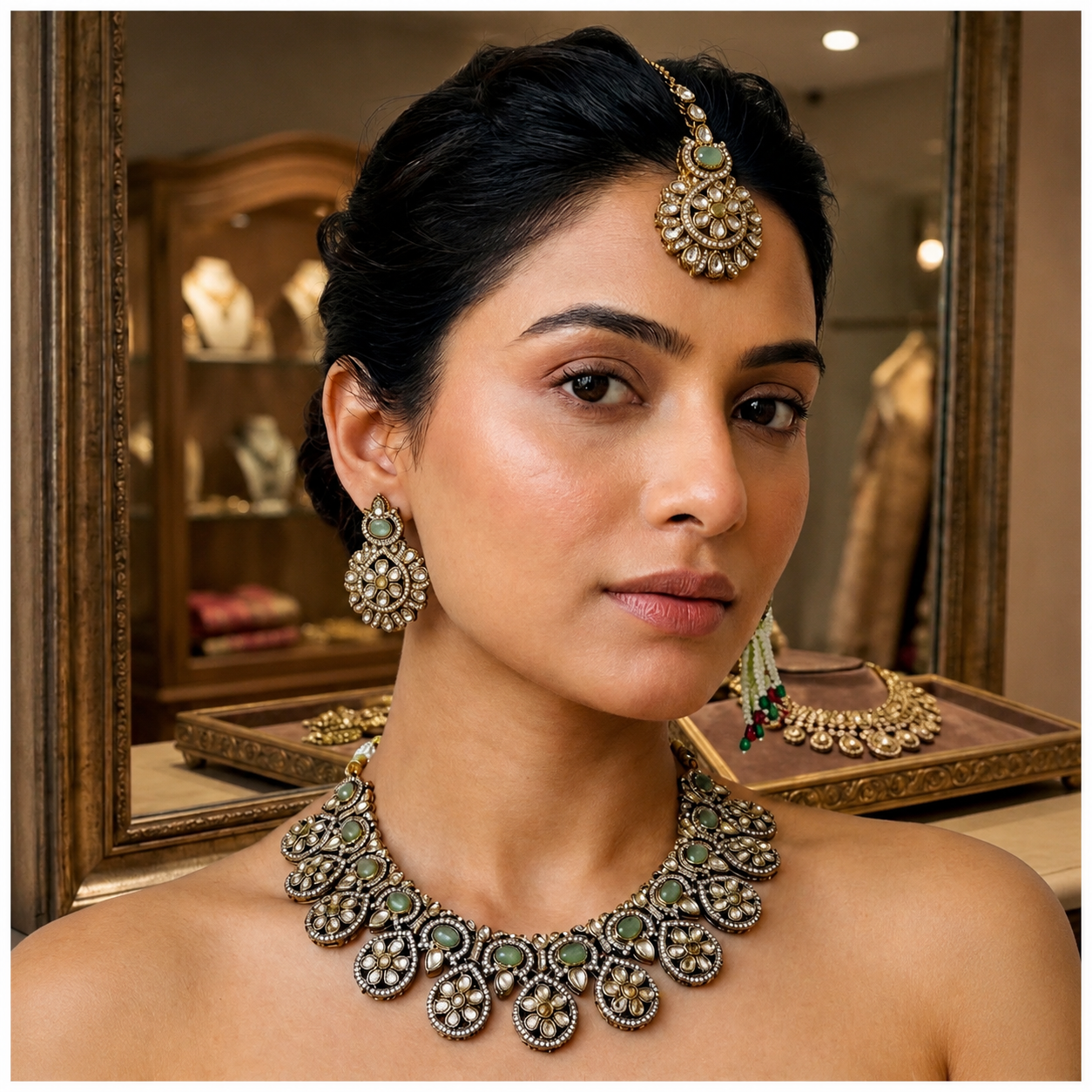 Emerald Kundan Antique Necklace Set with Earrings & Maang Tikka