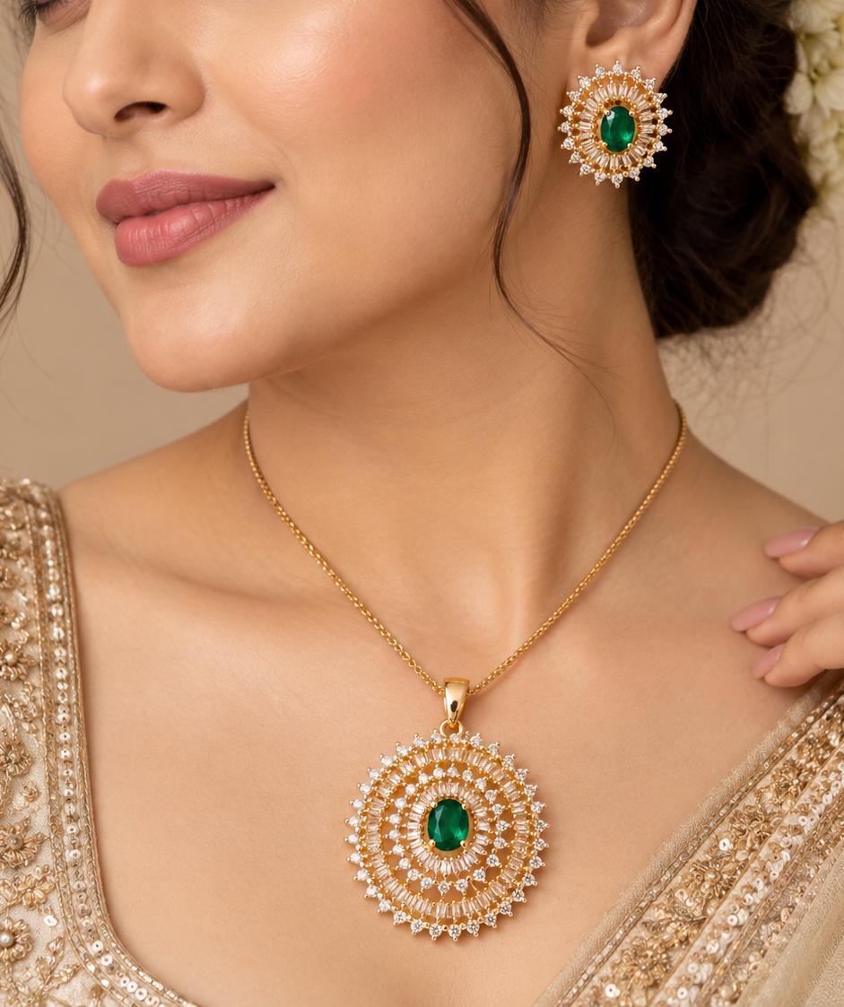 Emerald Round Pendent Set