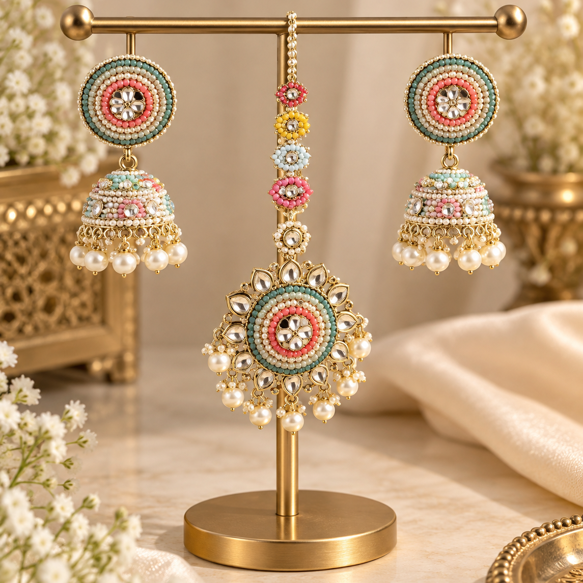Multicolor Kundan Jhumka & Maang Tikka Set ✨