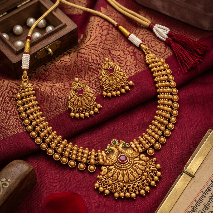 Antique Peacock Temple Necklace Set