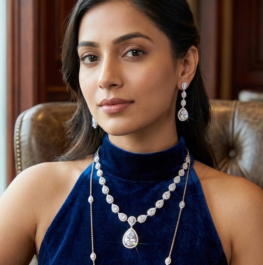 Elagent Teardrop diamond necklace set