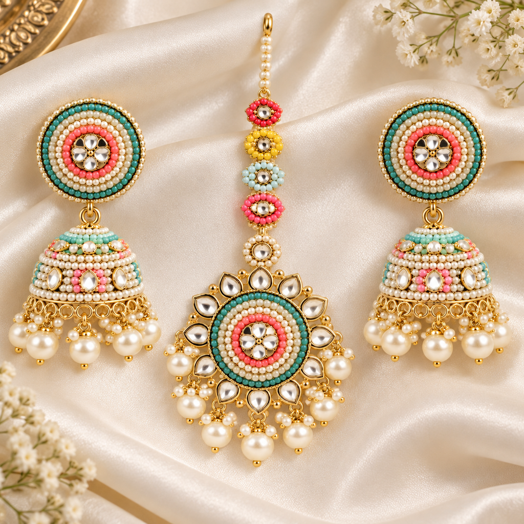 Multicolor Kundan Jhumka & Maang Tikka Set ✨
