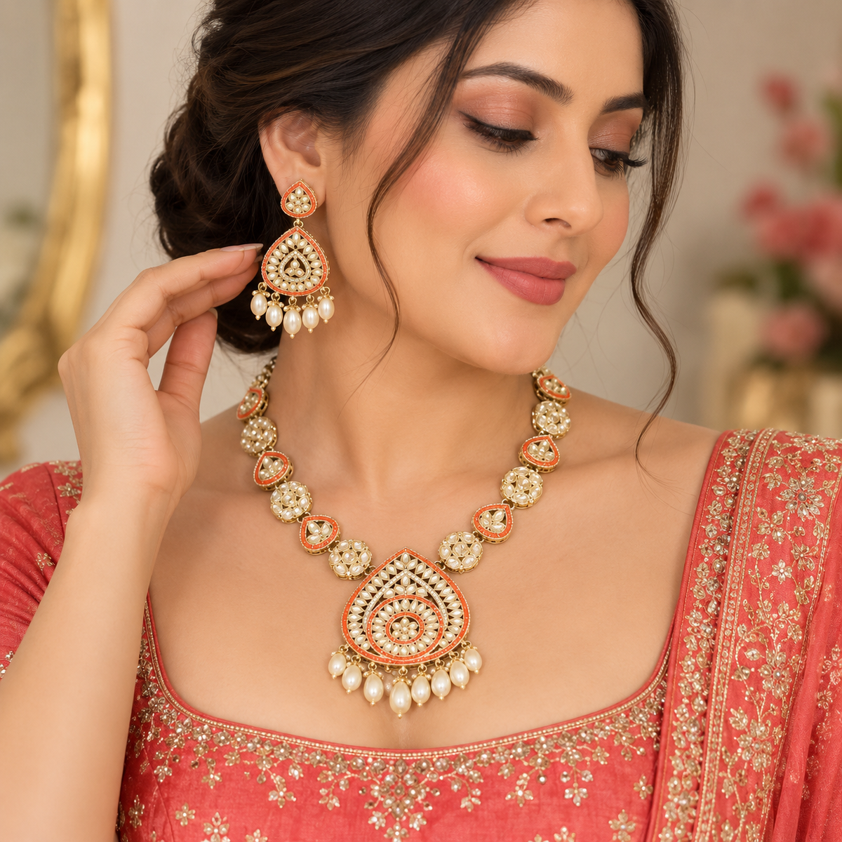 Elegant Coral Red Necklace Set