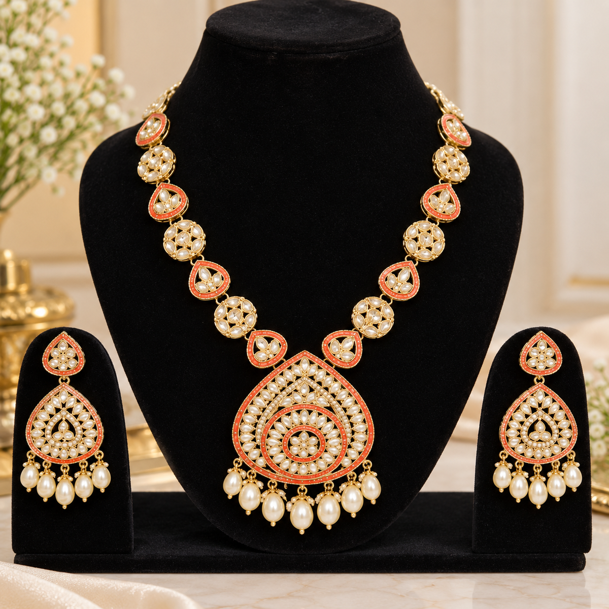 Elegant Coral Red Necklace Set