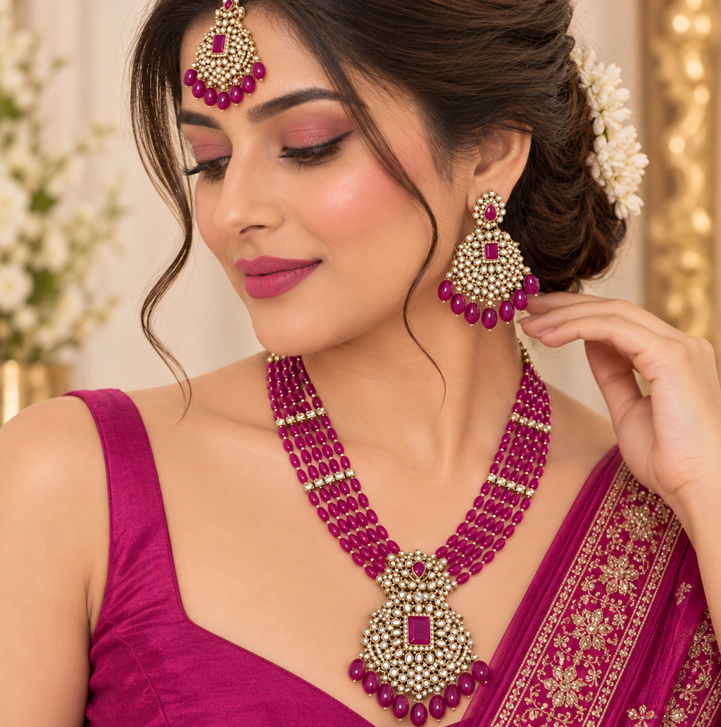 Regal Magenta Kundan Necklace Set