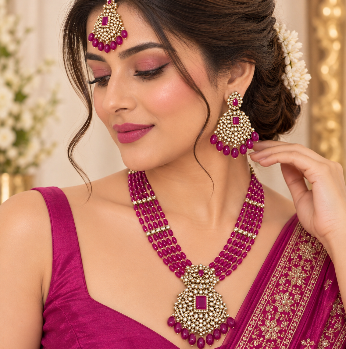 Regal Magenta Kundan Necklace Set
