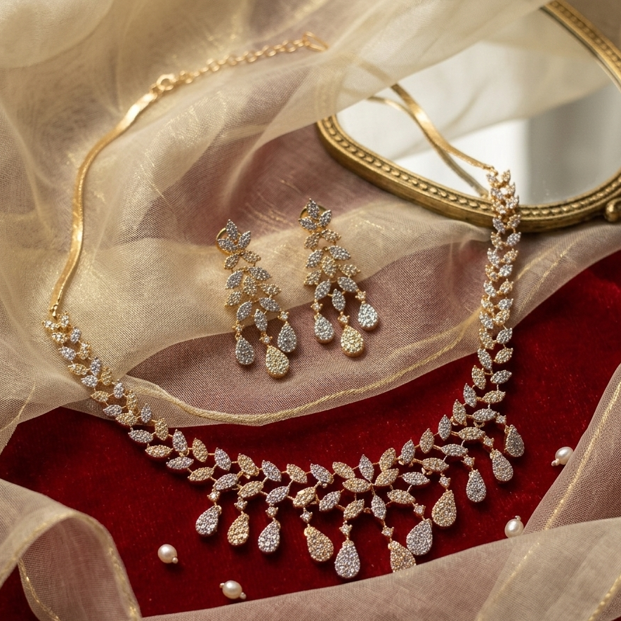 Leaf Motif CZ necklace set with teardrop dangles