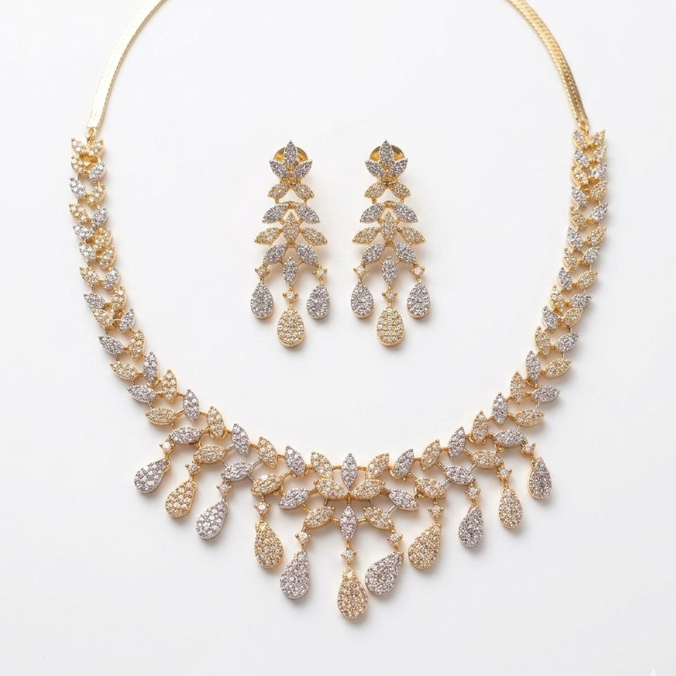 Leaf Motif CZ necklace set with teardrop dangles