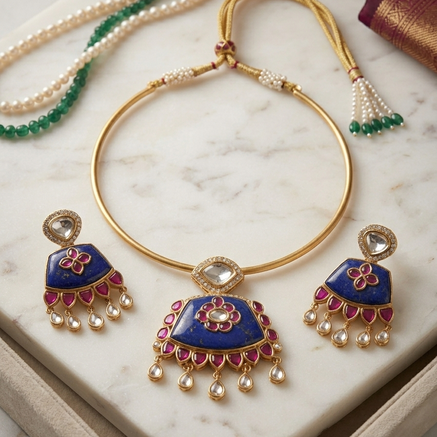 Artisan Crafted Hasli Deep Blue & Ruby Necklace Set