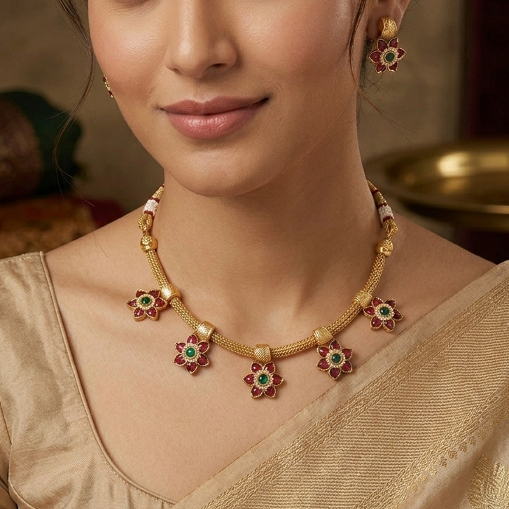 Enchanting Floral Motif Ruby & Emerald Heritage Set