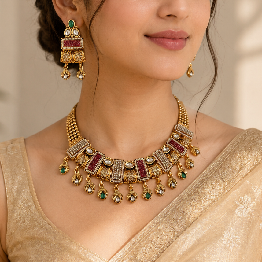 Royal Kundan Choker Set with Ruby & Emerald Accents