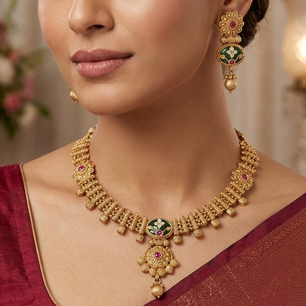 Royal Antique Gold Finish Necklace Set with Green Enamel and Pink Stones