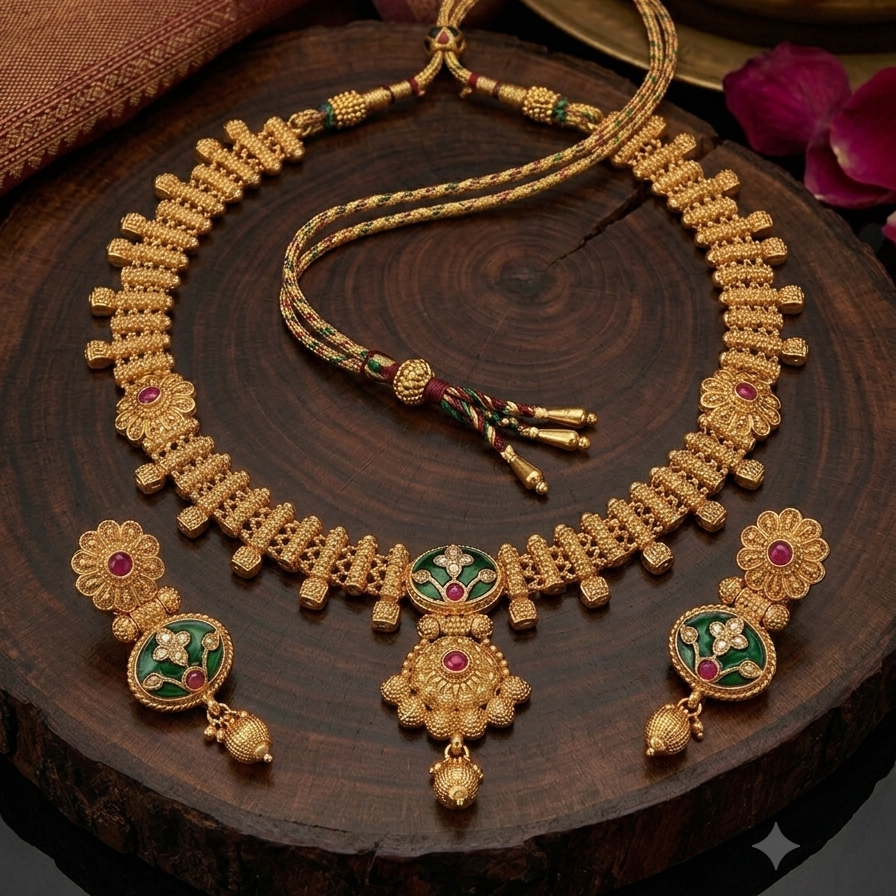 Royal Antique Gold Finish Necklace Set with Green Enamel and Pink Stones